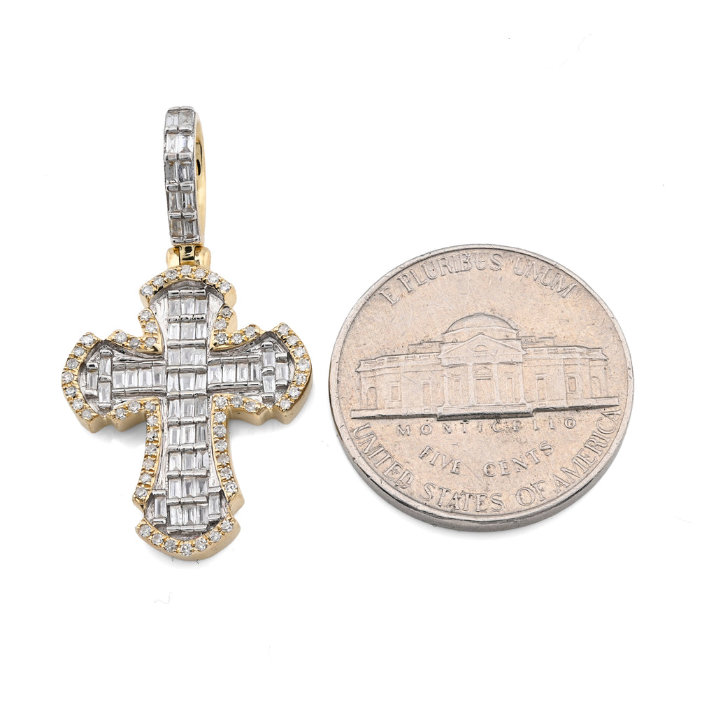 10K Yellow Gold Round & baguettes 0.43 CT Natural Diamond Cross Charm 33.3 MM