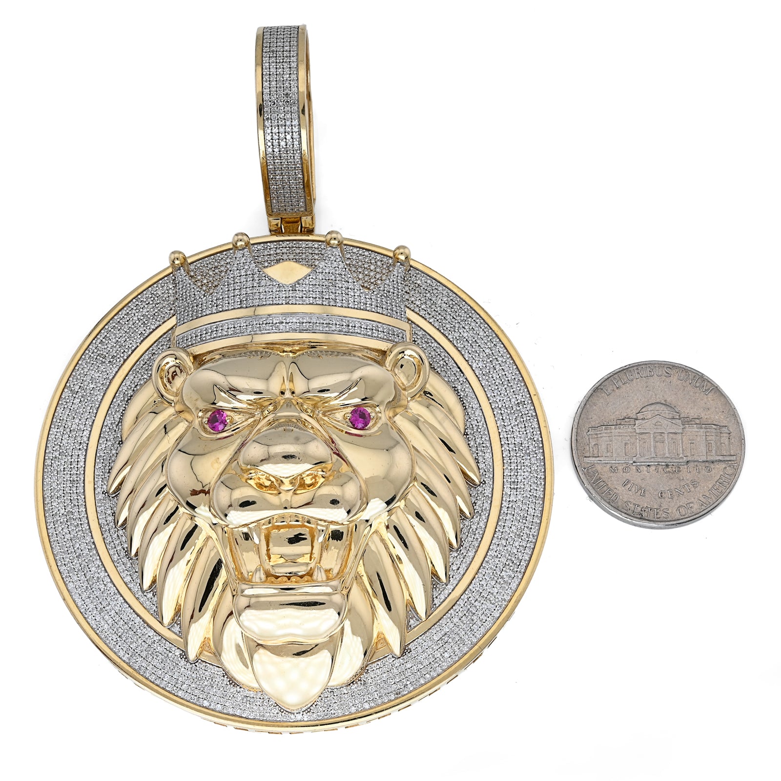 10K Yellow Gold 3 CT Natural Diamond Lion Face Crown Round Shape 89.2 MM Pendant Men Charm 43.6 g