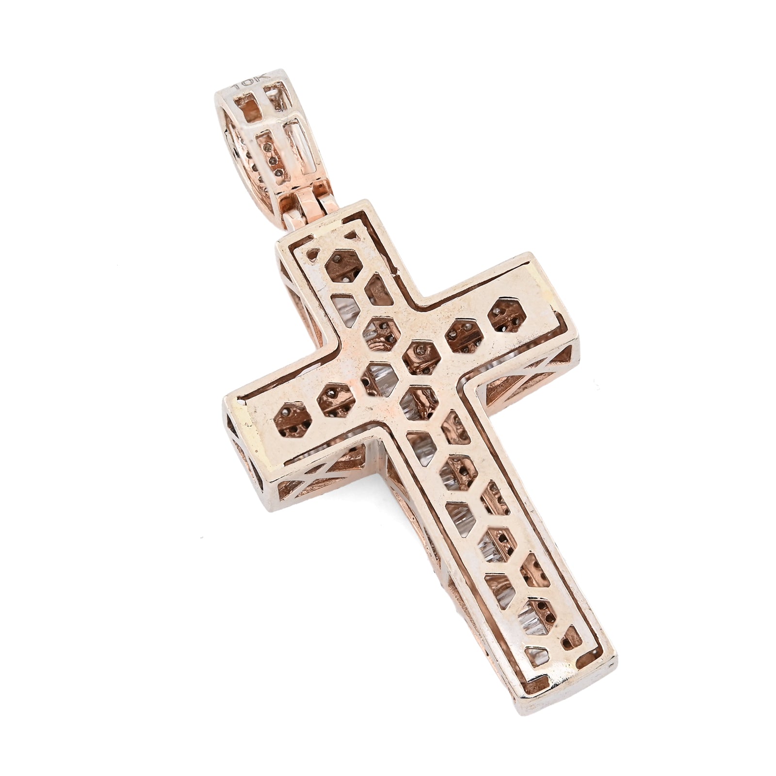 10K Rose Gold 2 CT Round & Baguette Natural Diamond Cross Religious Pendant 5.9 g Men Charm