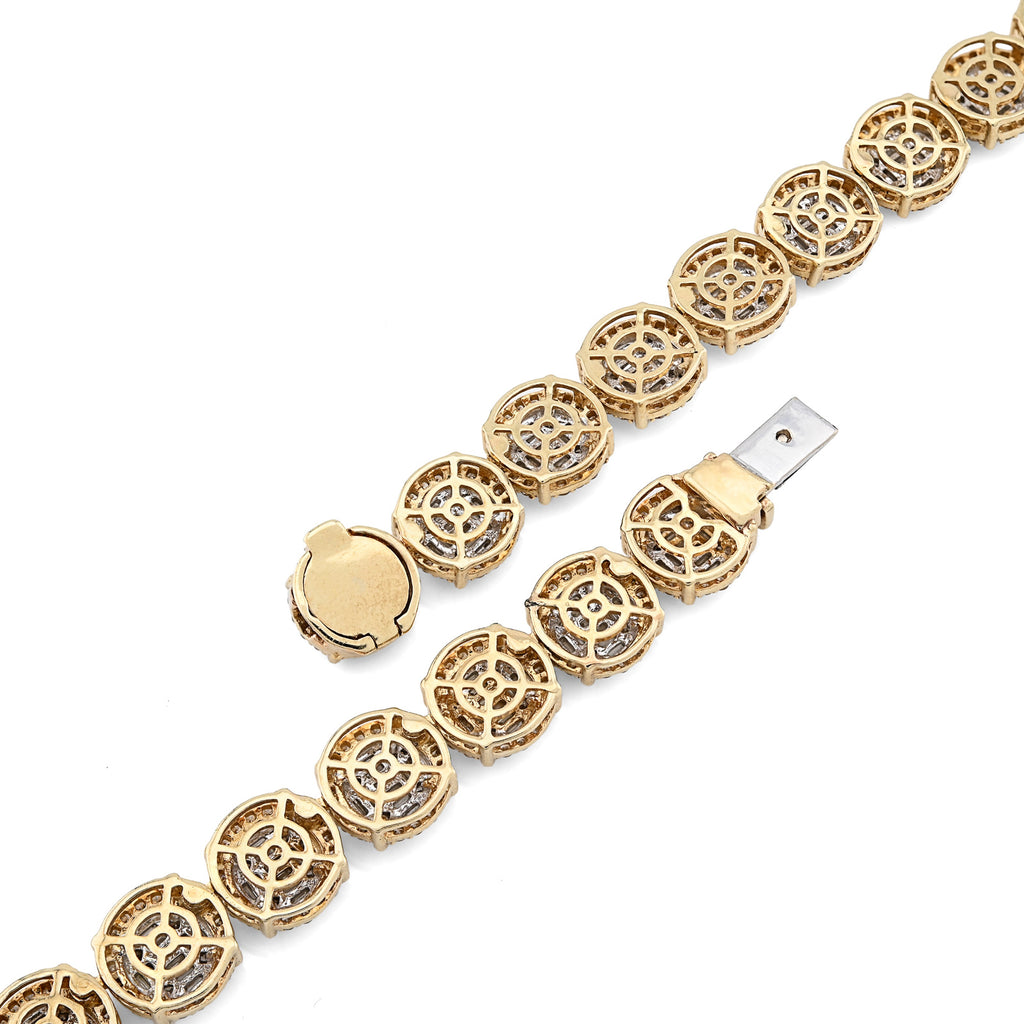 10K Yellow Gold 14 CTW Natural Diamond Baguette/Round Tennis Chain Round Shape Link 20" Necklace