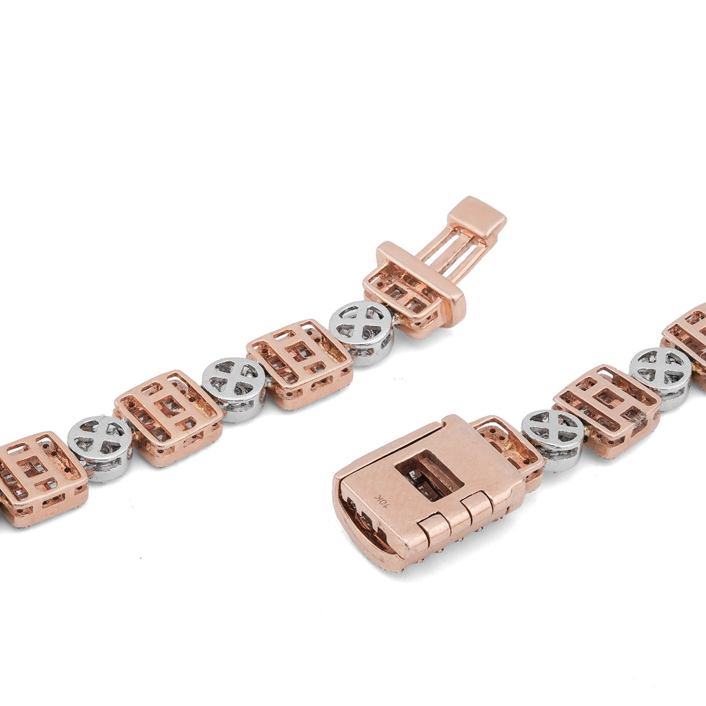 10K Rose/White Gold Square Round Link Natural Round/Baguette Diamond Men Women Tennis Chain