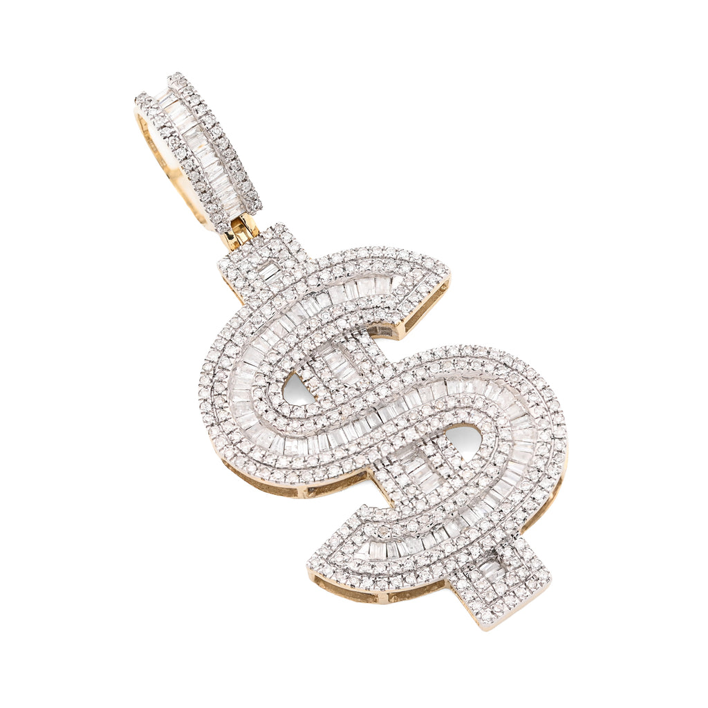 10K Yellow Gold 1.40 CT Natural Diamond "$" Sign Charm Men 48.5 MM Pendant 7 g