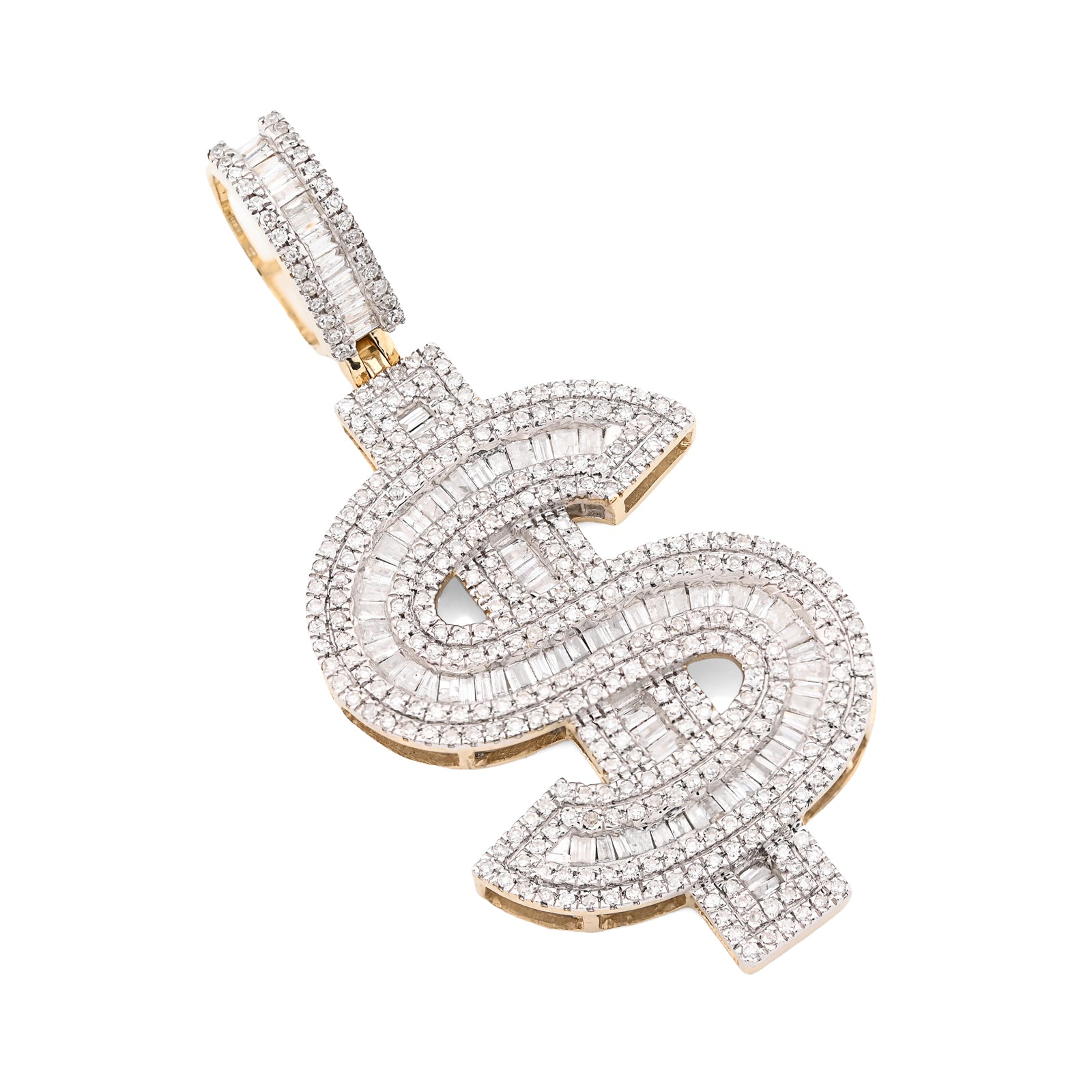 10K Yellow Gold 1.40 CT Natural Diamond "$" Sign Charm Men 48.5 MM Pendant 7 g