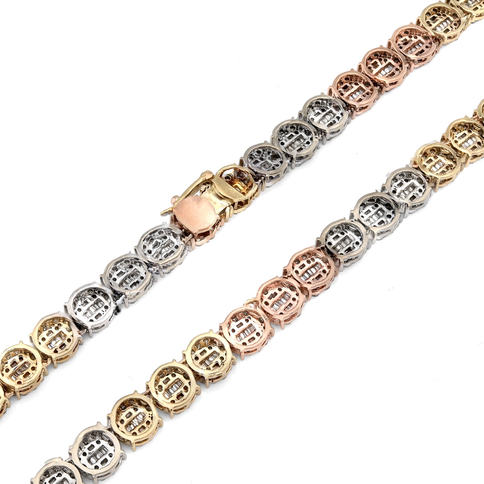 10K Yellow, White & Rose Gold 18.95 CT Natural Diamond Round/Baguette 3 Tone Round Shape Tennis Chain