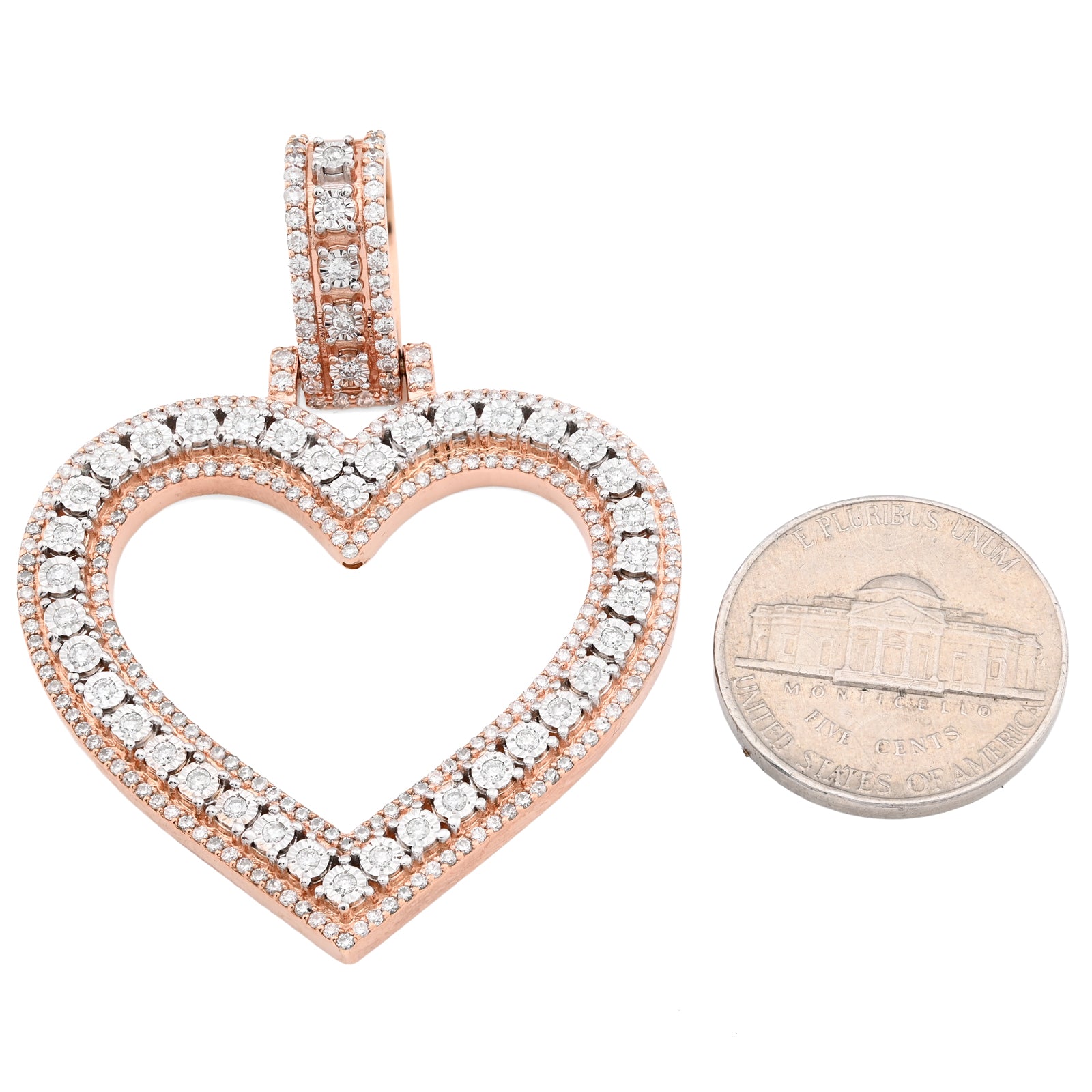 10K Rose Gold 1.5 CT Natural Diamond Heart Shape Pendant Illusion 54.7 MM Women Charm 19.8 g