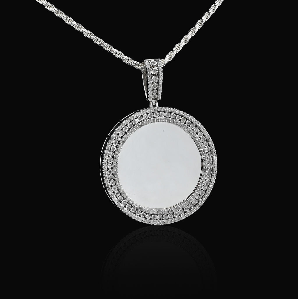 925 1.90CT Natural Diamond Round Picture Charm Memory Pendant Men Women 2.5"
