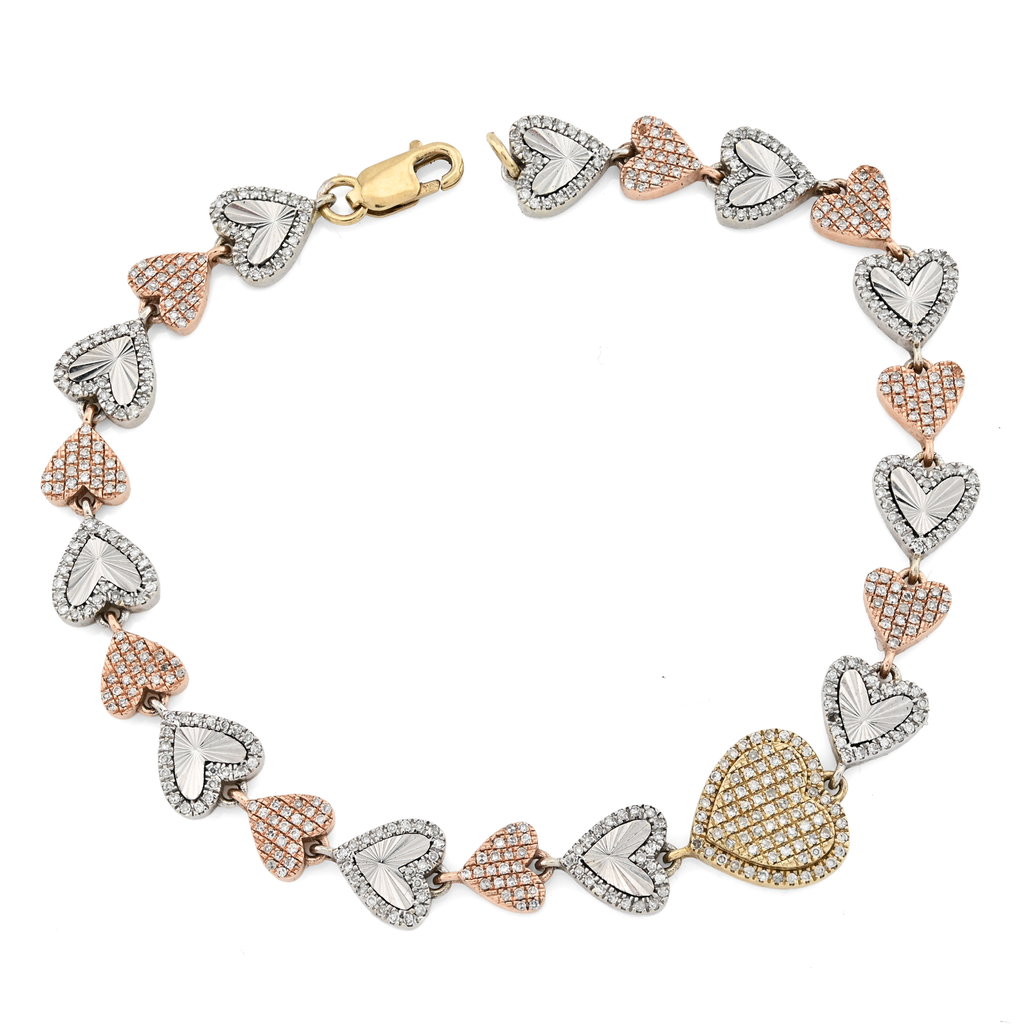 10K Yellow, White & Rose Gold 3 Tone 2CT Natural Diamond Heart Bracelet