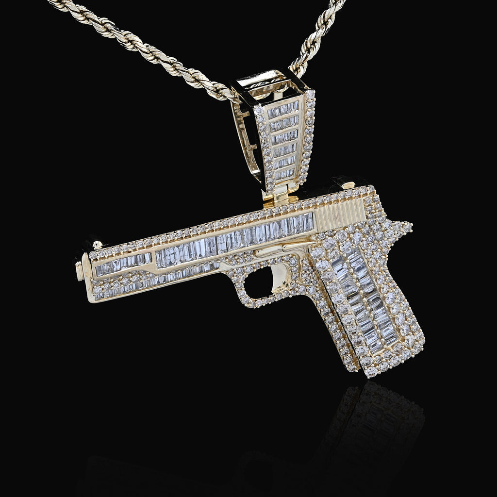 10K Yellow Gold 4.50 CT Natural Diamond Round/Baguette Gun Pendant Men's Charm 12.3 g