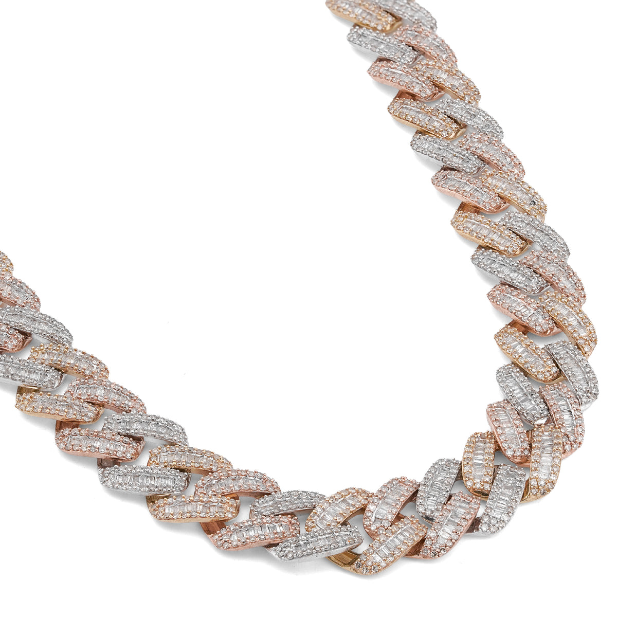 10K 3-Tone Yellow/White/Rose Gold 26CT Natural Diamond Round/Baguette 13MM Chain Men 22" Necklace