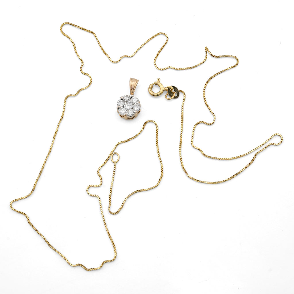 10K Yellow Gold 0.75 CT Natural Diamond Flower Cluster Pendant Box Chain Set