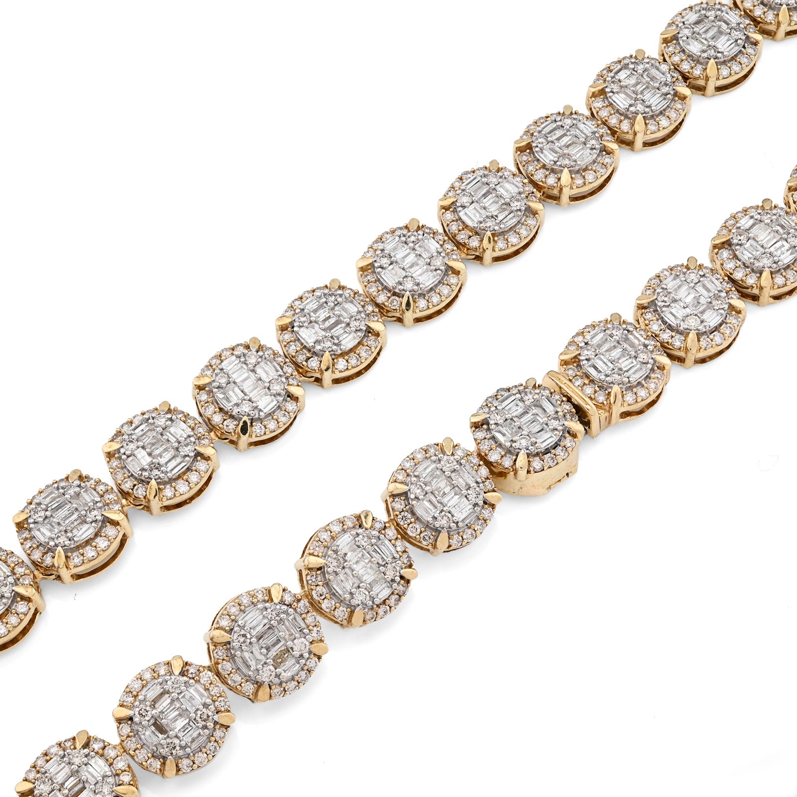 10K Yellow Gold 14 CTW Natural Diamond Baguette/Round Tennis Chain Round Shape Link 20" Necklace