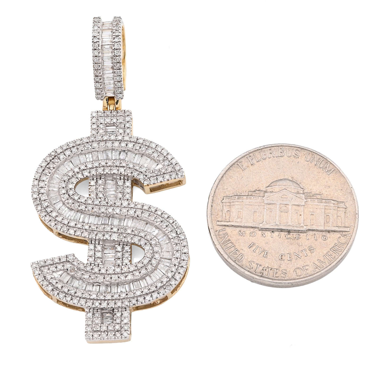 10K Yellow Gold 1.40 CT Natural Diamond "$" Sign Charm Men 48.5 MM Pendant 7 g