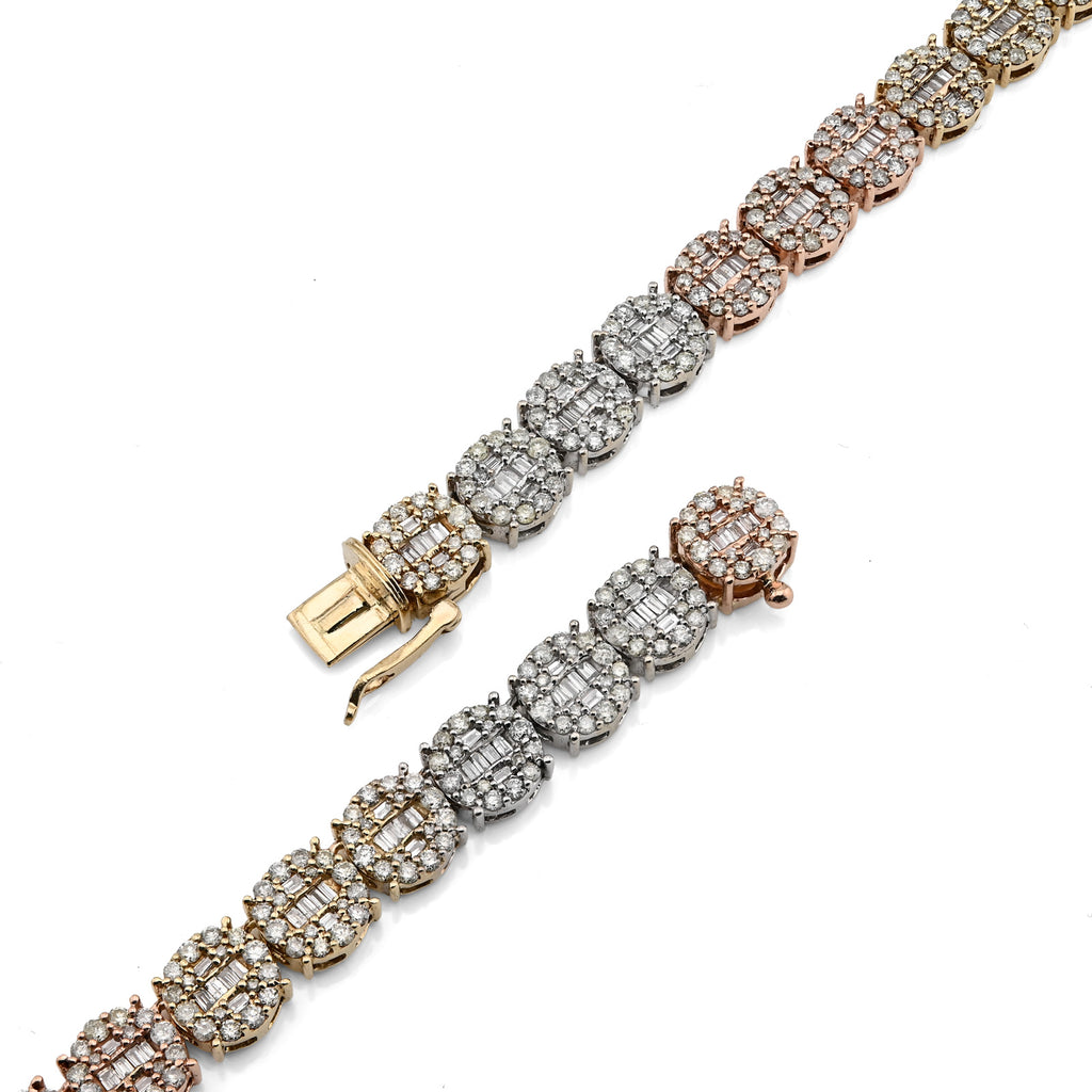 10K Yellow, White & Rose Gold 18.95 CT Natural Diamond Round/Baguette 3 Tone Round Shape Tennis Chain