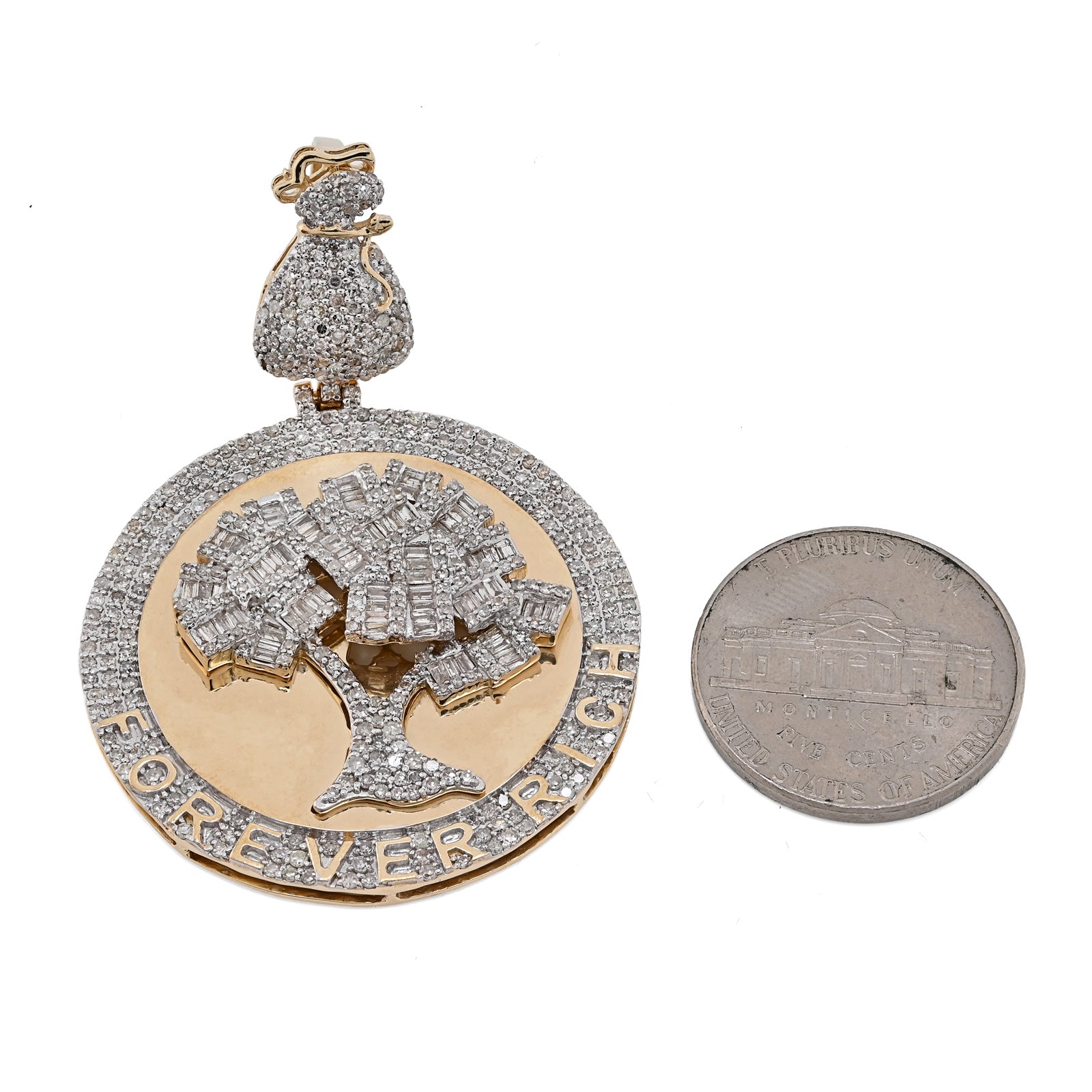 10K Yellow Gold 3.50 CT Natural Diamond Round/Baguette "Forever Rich" $ Tree Pendant 15.4 g Charm