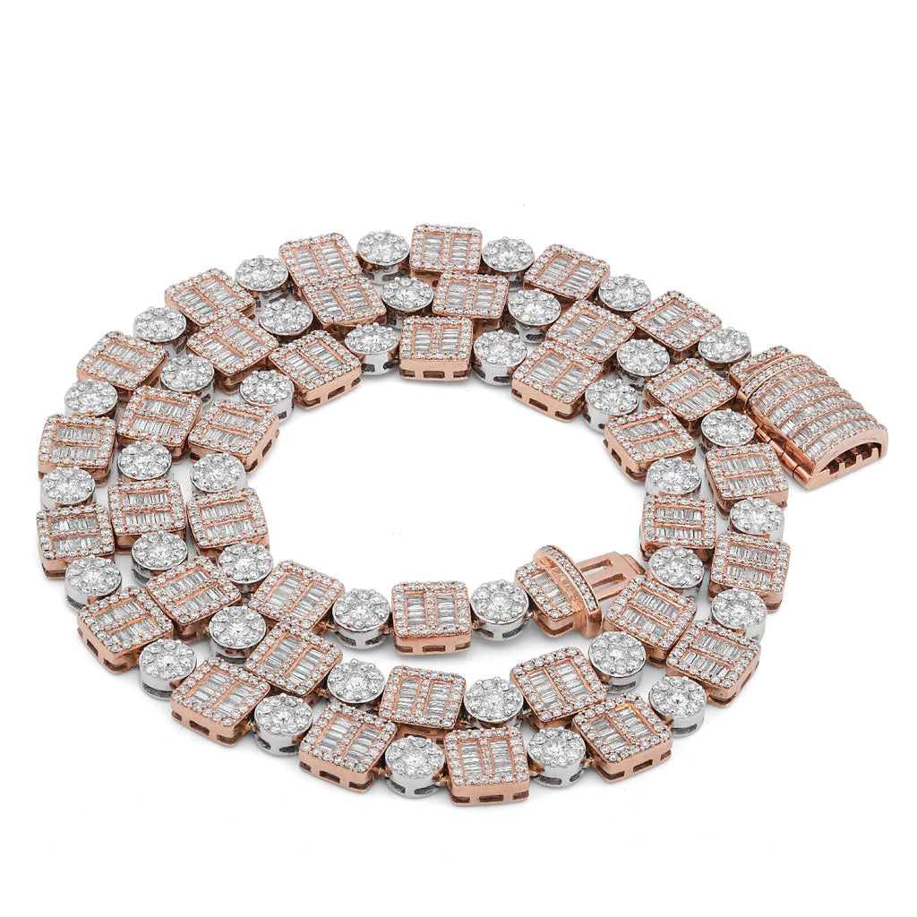 10K Rose/White Gold Square Round Link Natural Round/Baguette Diamond Men Women Tennis Chain