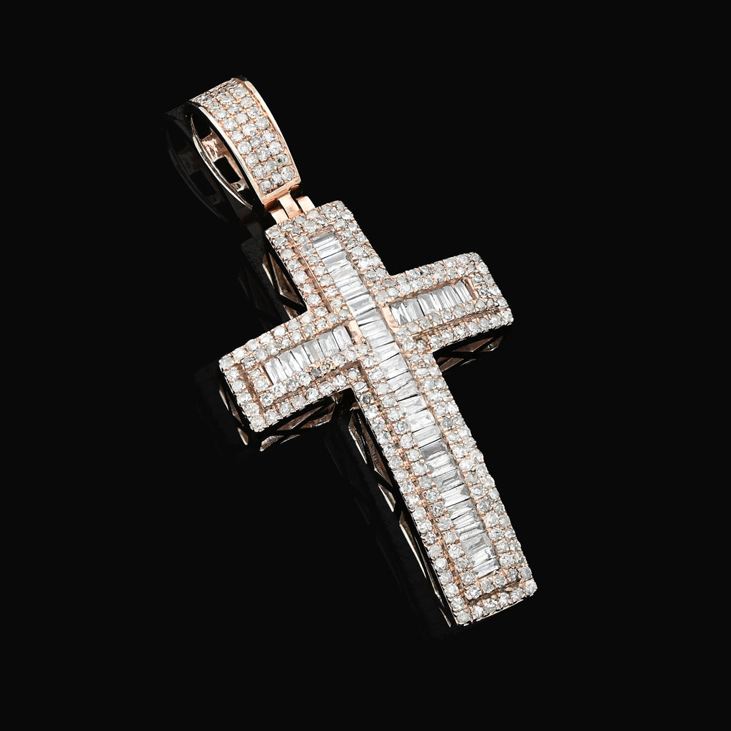 10K Rose Gold 2 CT Round & Baguette Natural Diamond Cross Religious Pendant 5.9 g Men Charm