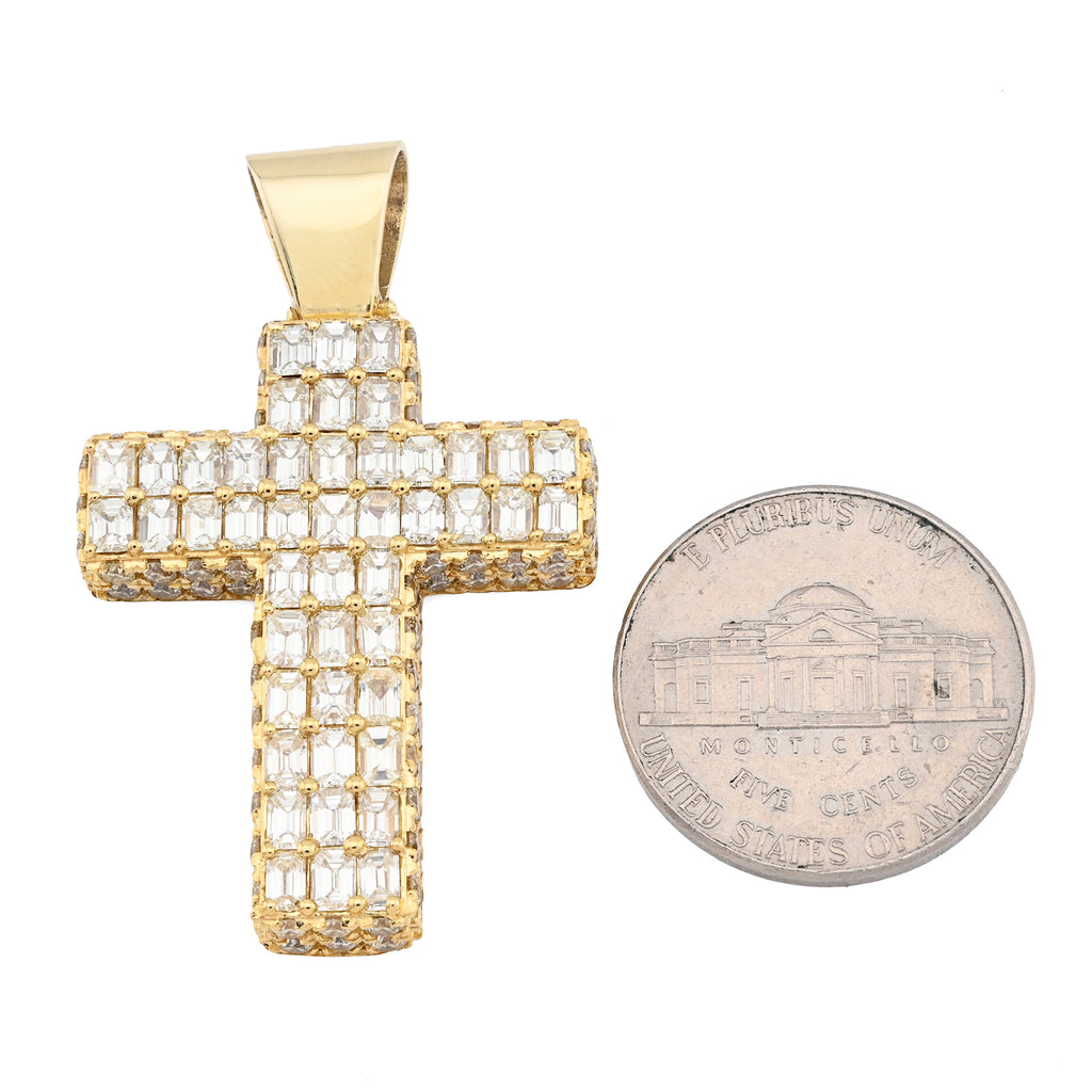 10K Yellow Gold 3.5 CT Natural Diamond Emeralds Religious Cross Pendant Men 12.3 g Charm 43.4 MM