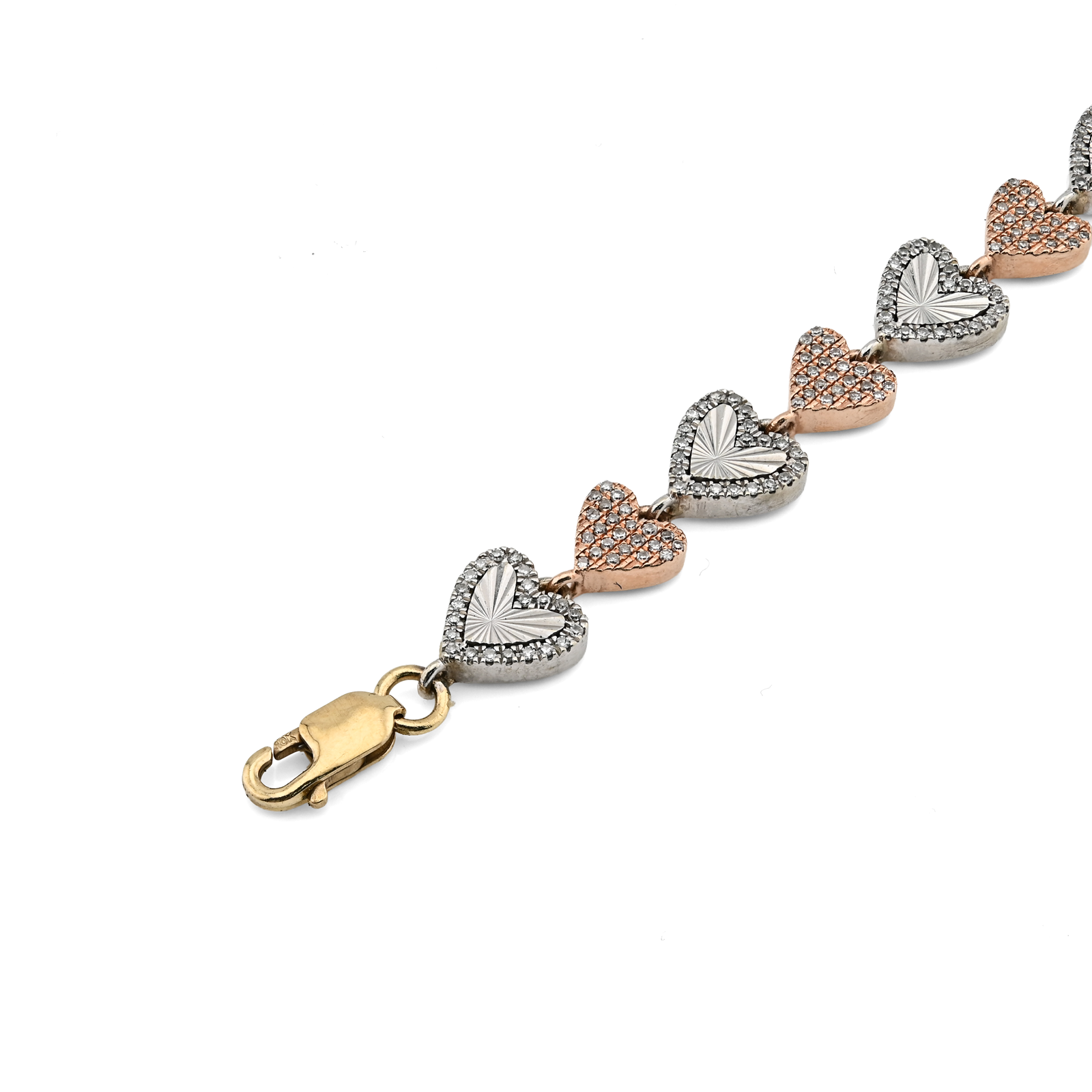 10K Yellow, White & Rose Gold 3 Tone 2CT Natural Diamond Heart Bracelet