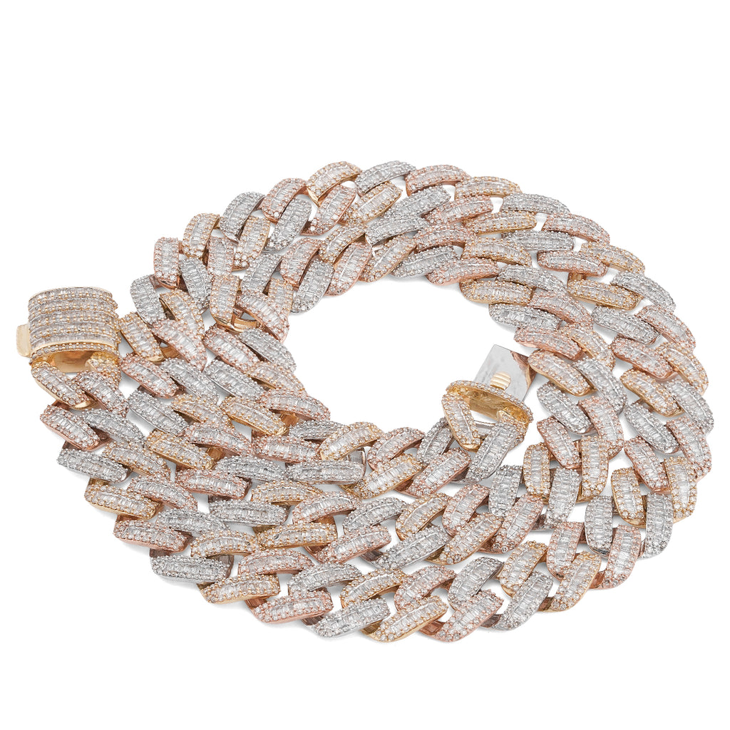 10K 3-Tone Yellow/White/Rose Gold 26CT Natural Diamond Round/Baguette 13MM Chain Men 22" Necklace