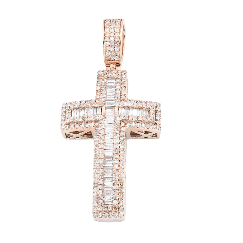 10K Rose Gold 2 CT Round & Baguette Natural Diamond Cross Religious Pendant 5.9 g Men Charm