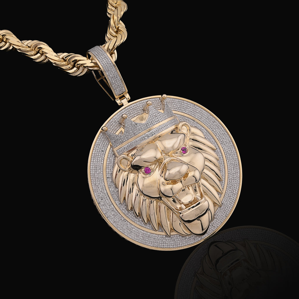 10K Yellow Gold 3 CT Natural Diamond Lion Face Crown Round Shape 89.2 MM Pendant Men Charm 43.6 g