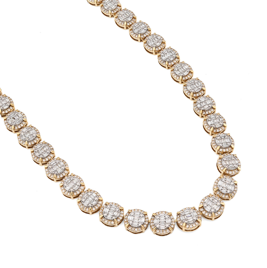 10K Yellow Gold 14 CTW Natural Diamond Baguette/Round Tennis Chain Round Shape Link 20" Necklace