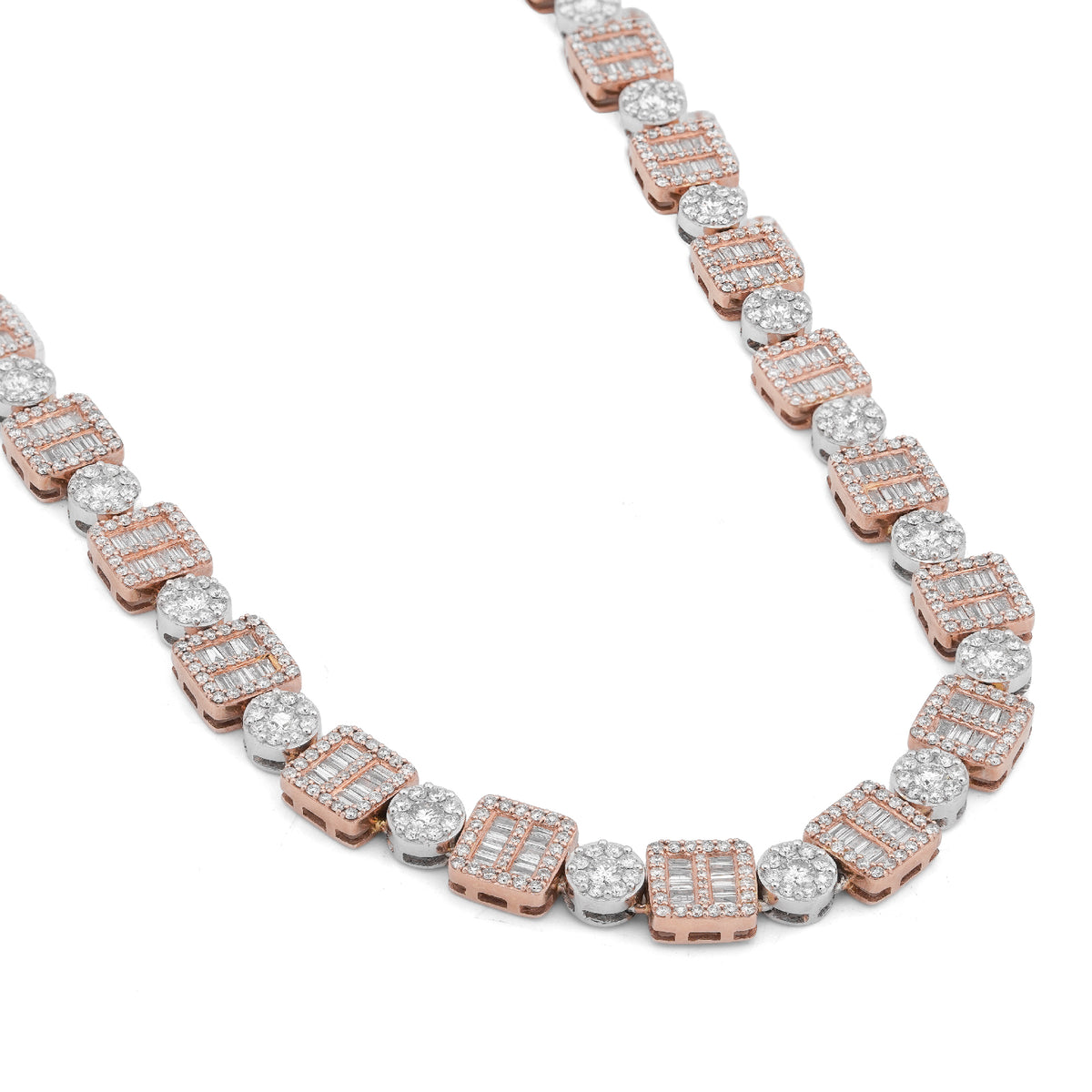 10K Rose/White Gold Square Round Link Natural Round/Baguette Diamond Men Women Tennis Chain