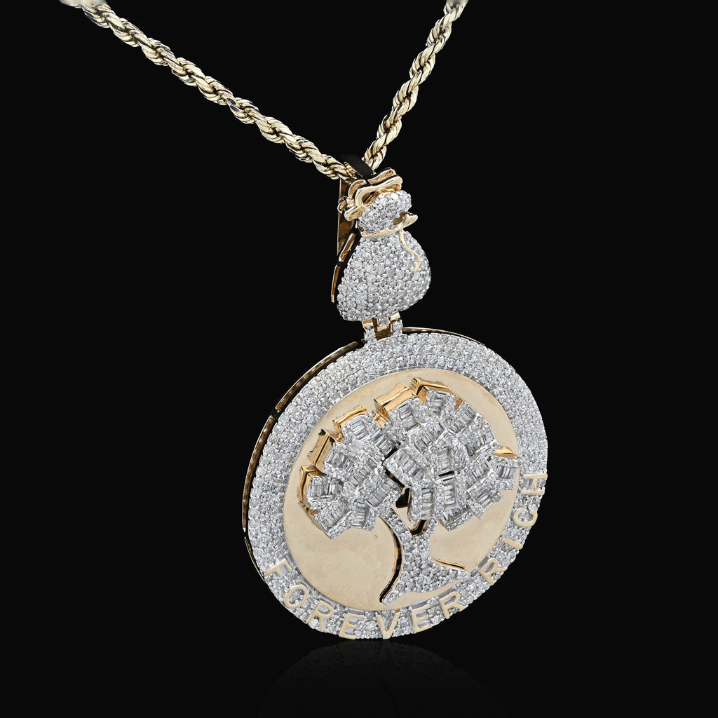 10K Yellow Gold 3.50 CT Natural Diamond Round/Baguette "Forever Rich" $ Tree Pendant 15.4 g Charm