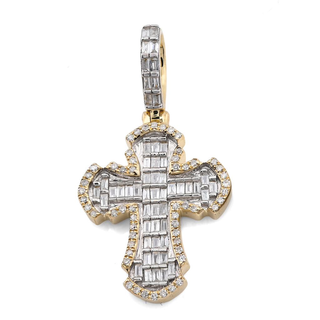 10K Yellow Gold Round & baguettes 0.43 CT Natural Diamond Cross Charm 33.3 MM