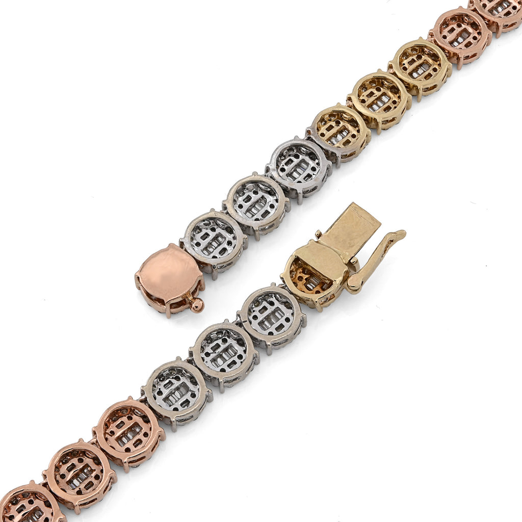 10K Yellow, White & Rose Gold 18.95 CT Natural Diamond Round/Baguette 3 Tone Round Shape Tennis Chain