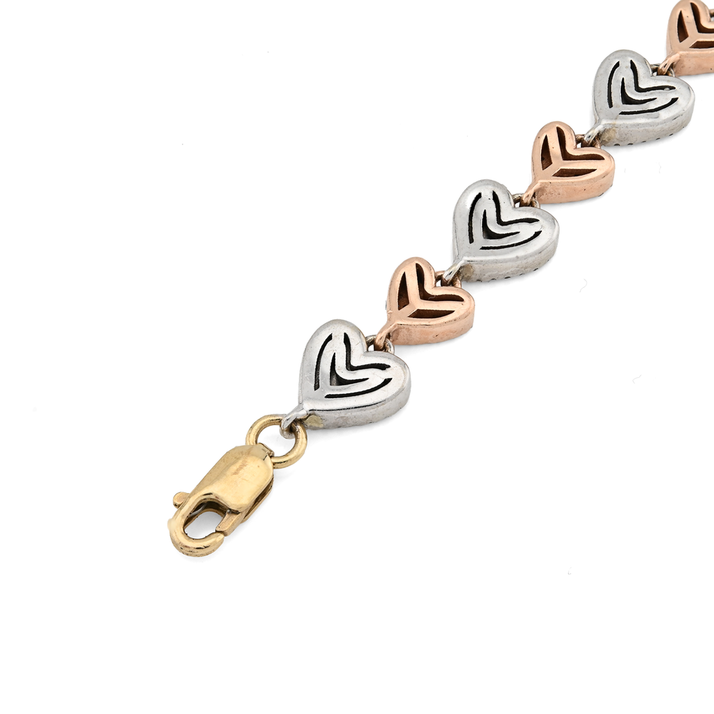 10K Yellow, White & Rose Gold 3 Tone 2CT Natural Diamond Heart Bracelet