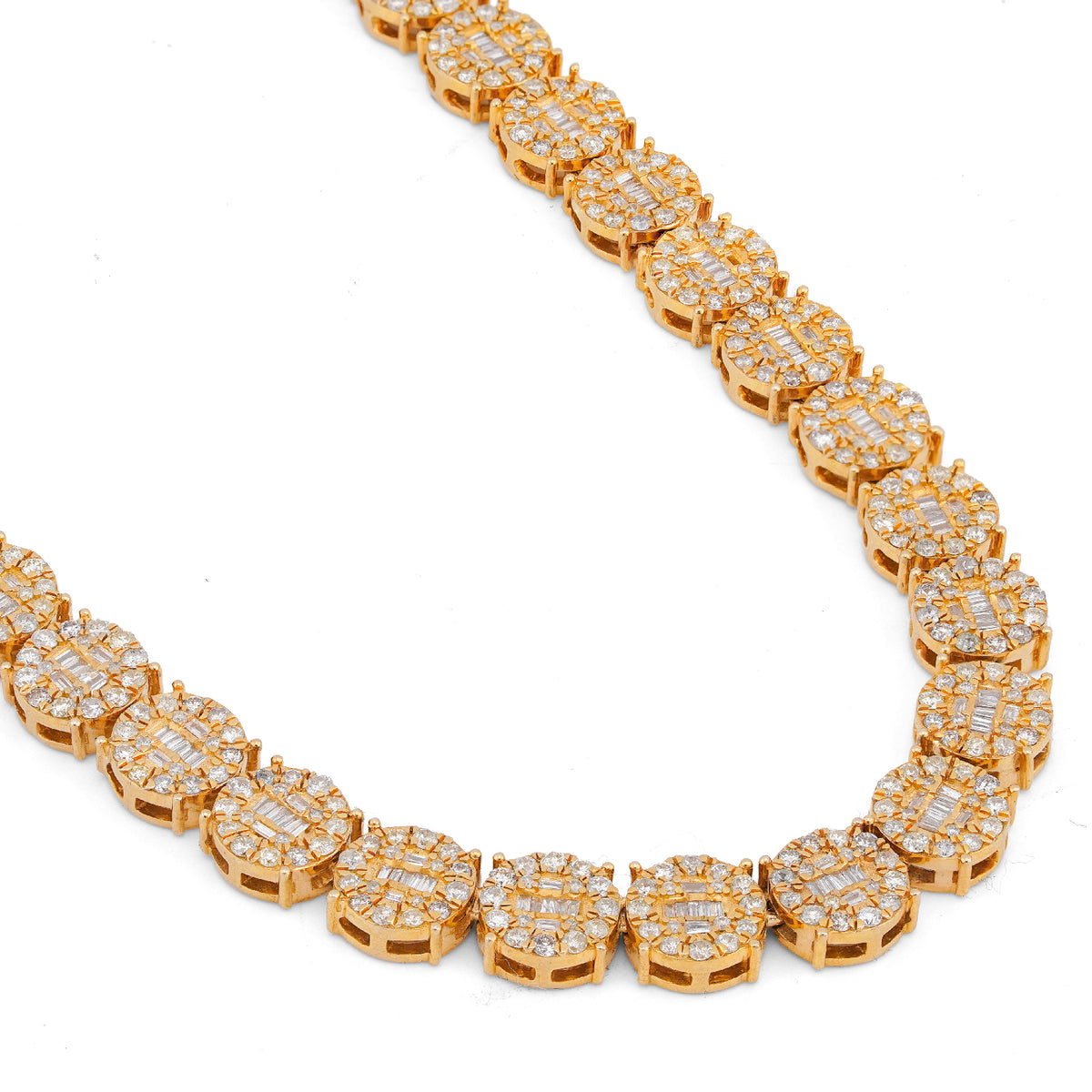 10K Yellow Gold 20CT Natural Round/Baguette Diamond 8MM Flower Cluster Tennis Chain