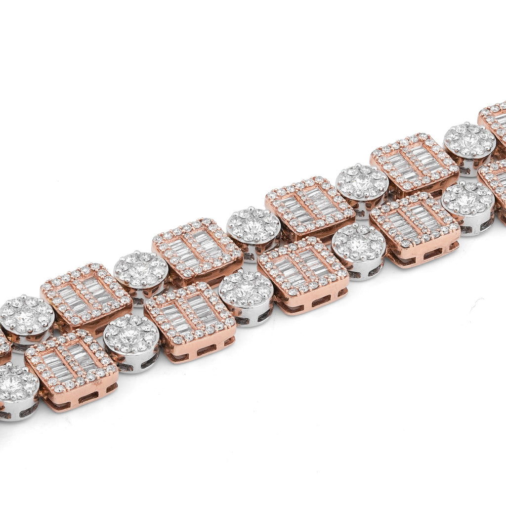 10K Rose/White Gold Square Round Link Natural Round/Baguette Diamond Men Women Tennis Chain