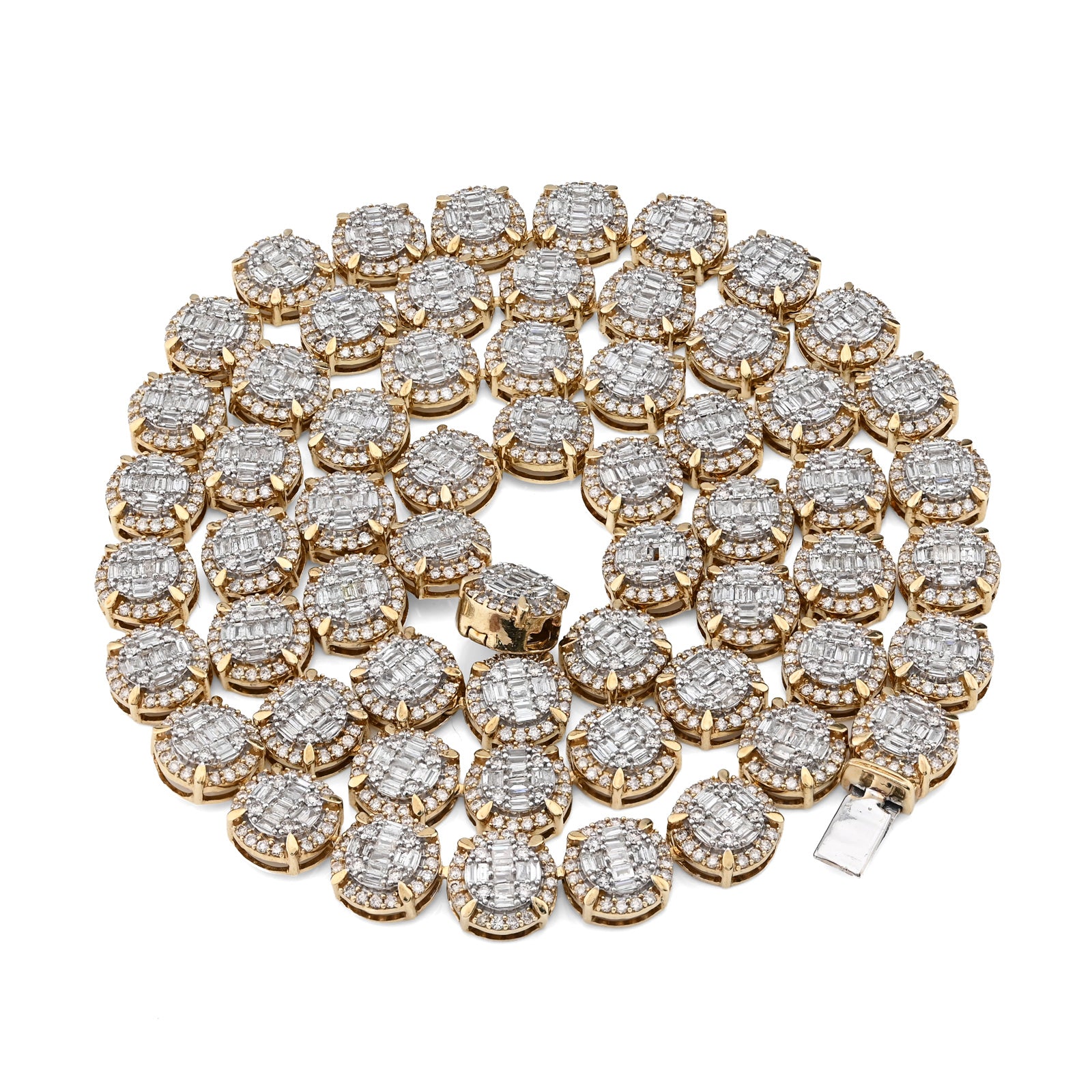 10K Yellow Gold 14 CTW Natural Diamond Baguette/Round Tennis Chain Round Shape Link 20" Necklace