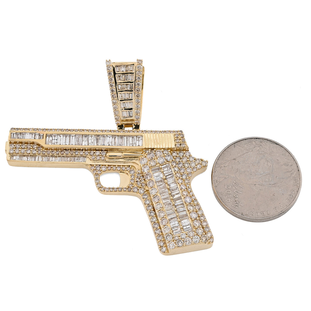 10K Yellow Gold 4.50 CT Natural Diamond Round/Baguette Gun Pendant Men's Charm 12.3 g