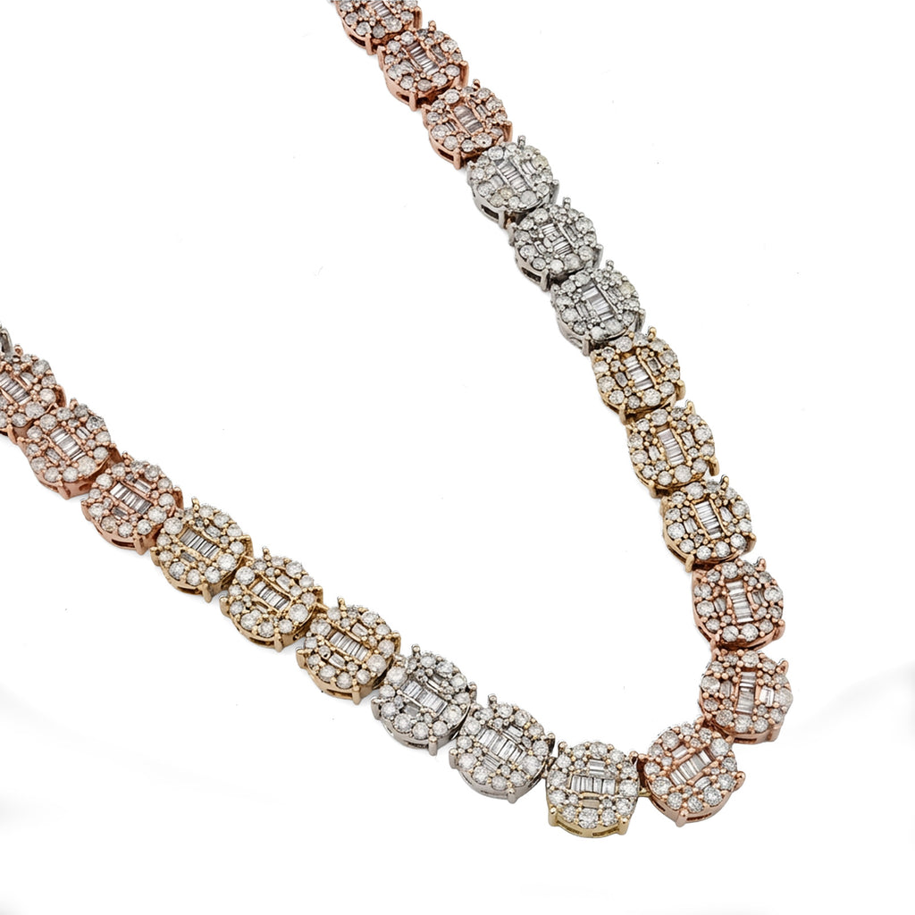 10K Yellow, White & Rose Gold 18.95 CT Natural Diamond Round/Baguette 3 Tone Round Shape Tennis Chain