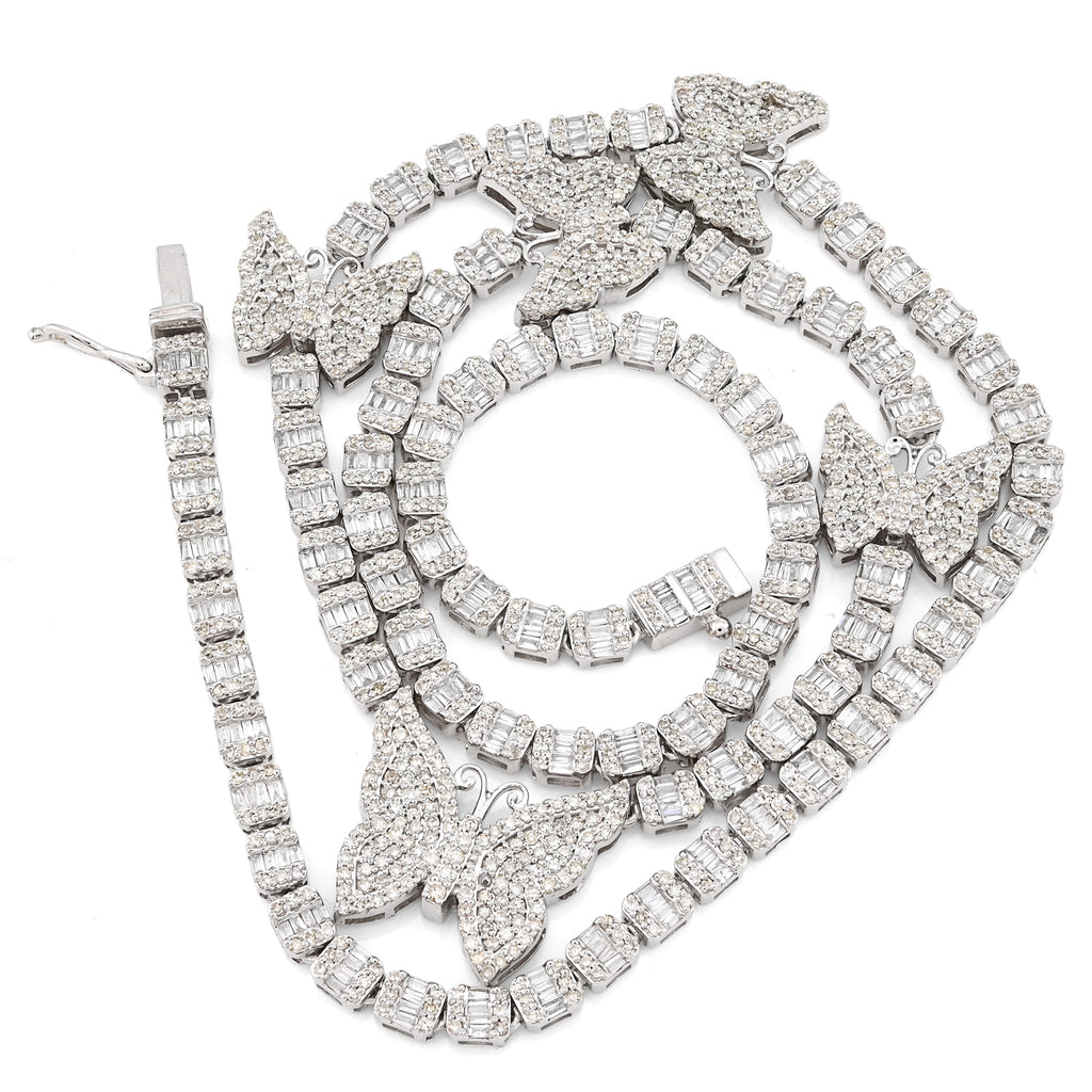 10K White Gold 5.48 CT Round & baguette Natural Diamond Butterfly Tennis Chain 18" Women Necklace 26.5 g