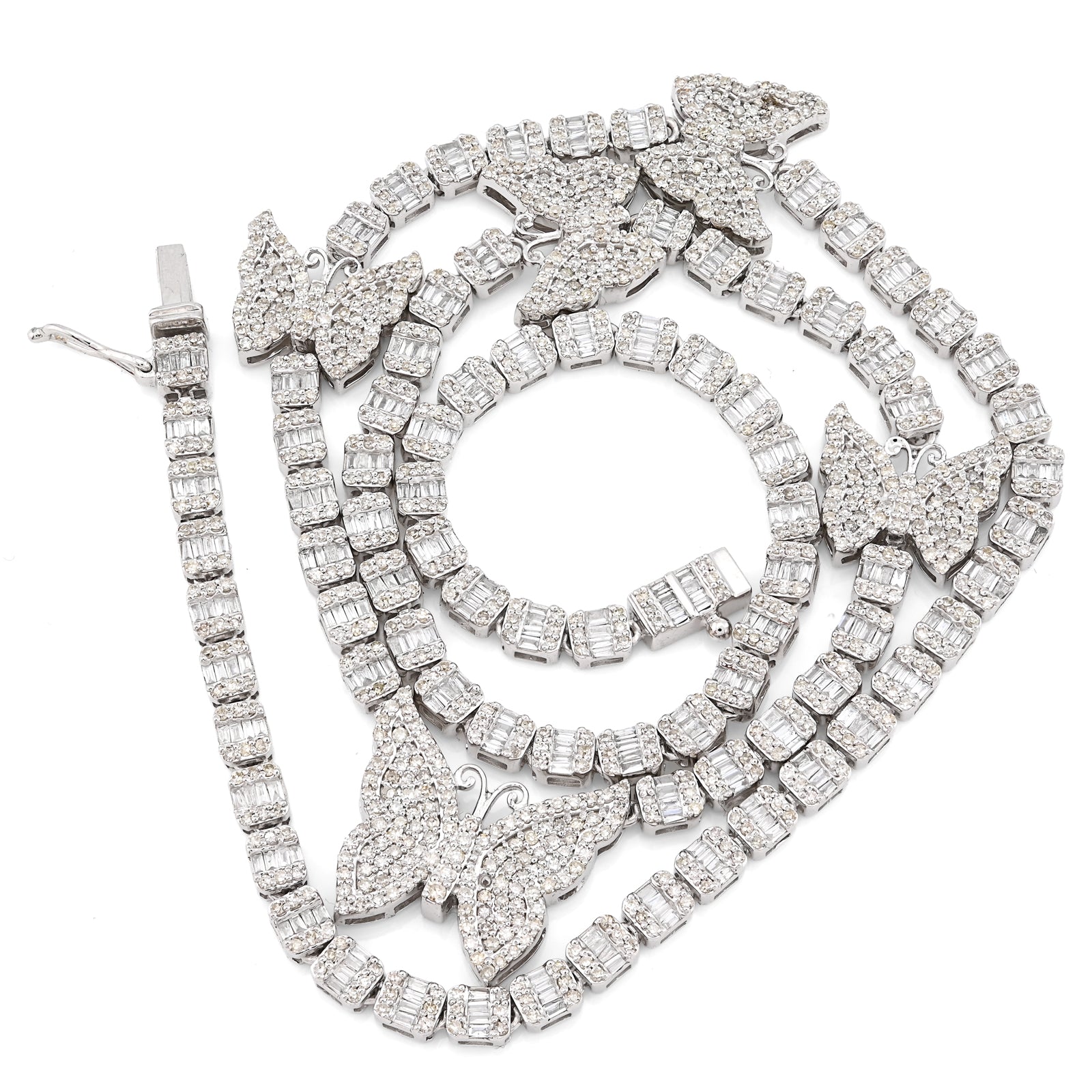 10K White Gold 5.48 CT Round & baguette Natural Diamond Butterfly Tennis Chain 18" Women Necklace 26.5 g