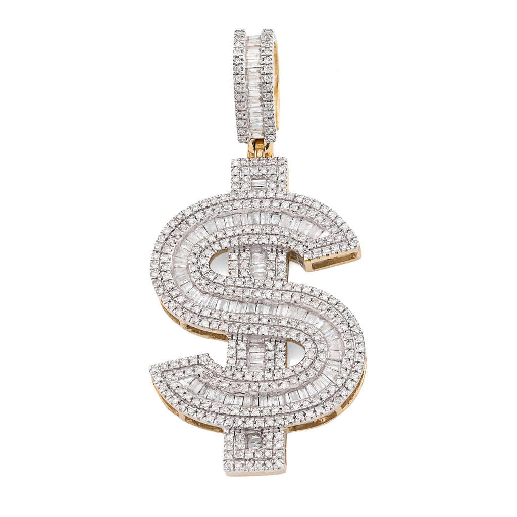 10K Yellow Gold 1.40 CT Natural Diamond "$" Sign Charm Men 48.5 MM Pendant 7 g