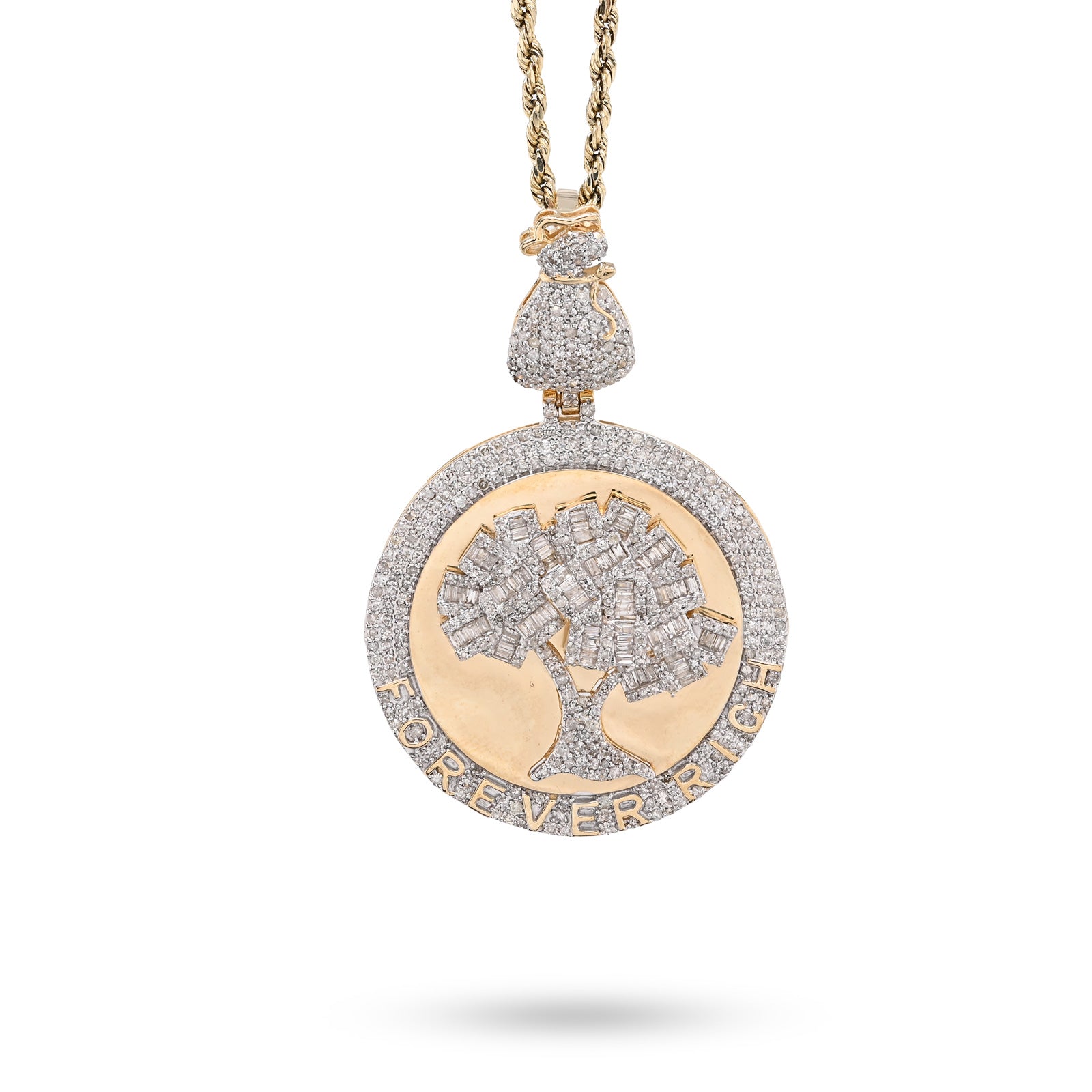 10K Yellow Gold 3.50 CT Natural Diamond Round/Baguette "Forever Rich" $ Tree Pendant 15.4 g Charm