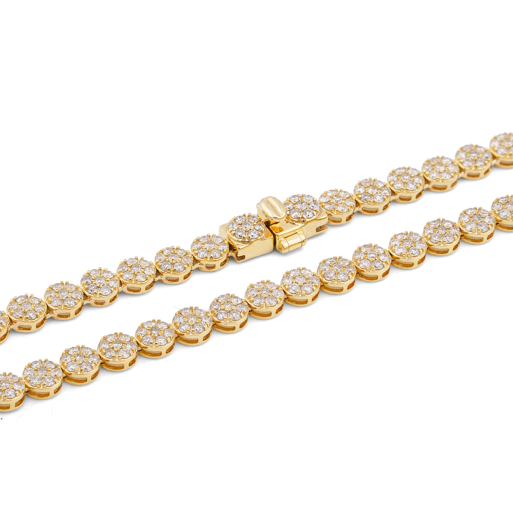 10K Yellow Gold 7CT Natural Diamond Flower Cluster Round 4MM 22" Men Women Necklace