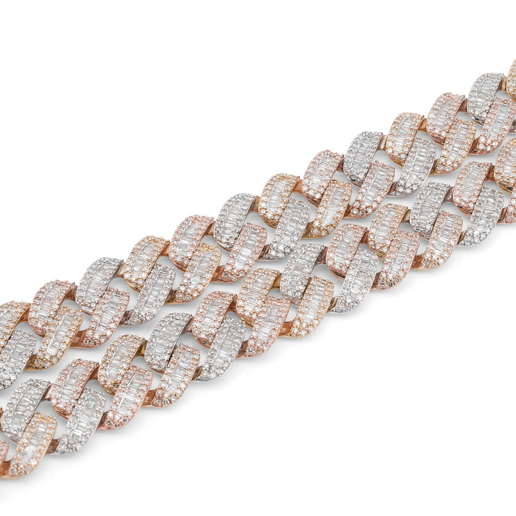 10K 3-Tone Yellow/White/Rose Gold 26CT Natural Diamond Round/Baguette 13MM Chain Men 22" Necklace