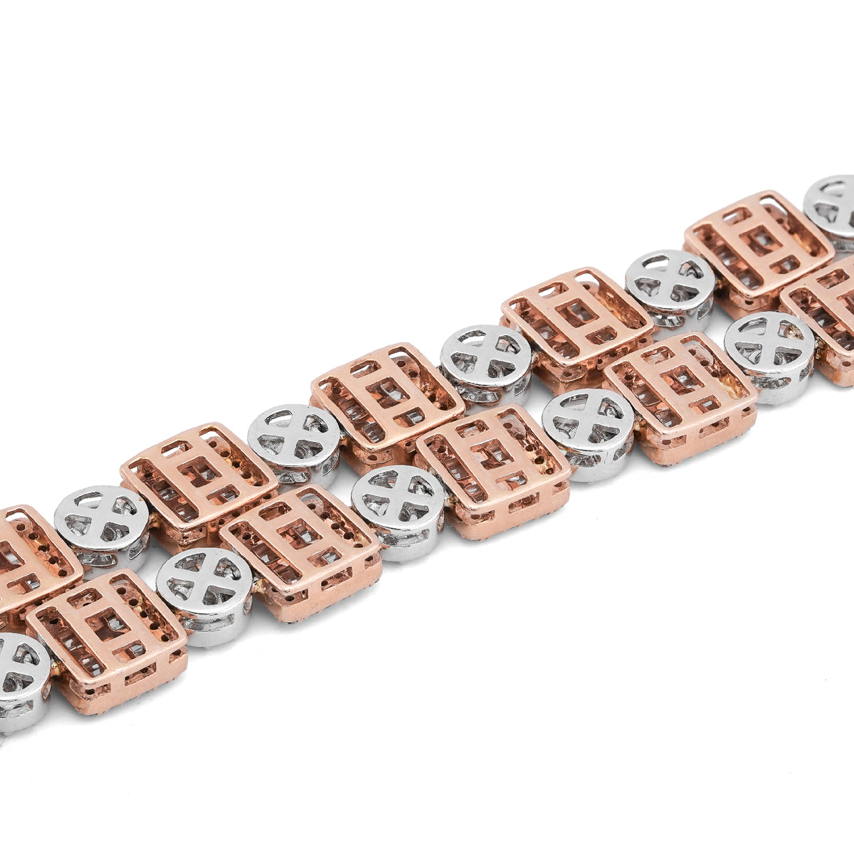 10K Rose/White Gold Square Round Link Natural Round/Baguette Diamond Men Women Tennis Chain