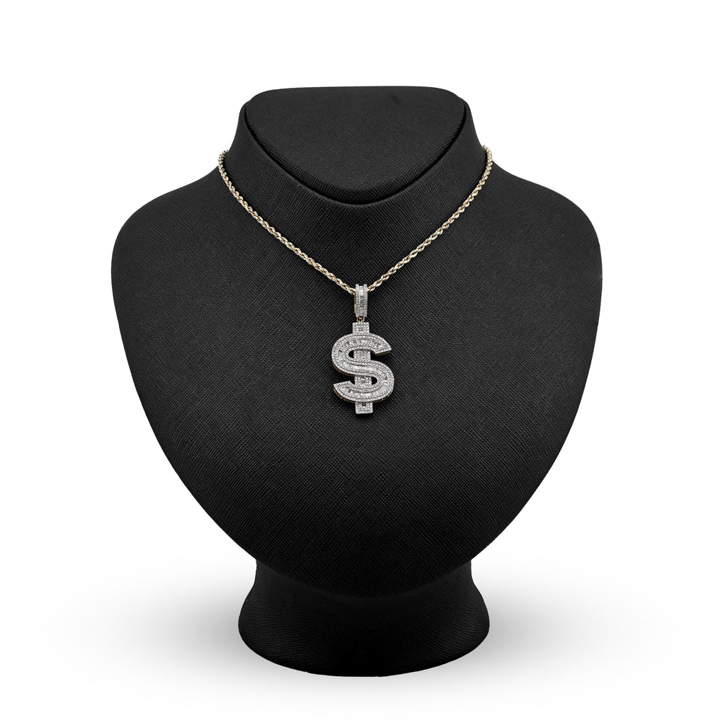 10K Yellow Gold 1.40 CT Natural Diamond "$" Sign Charm Men 48.5 MM Pendant 7 g