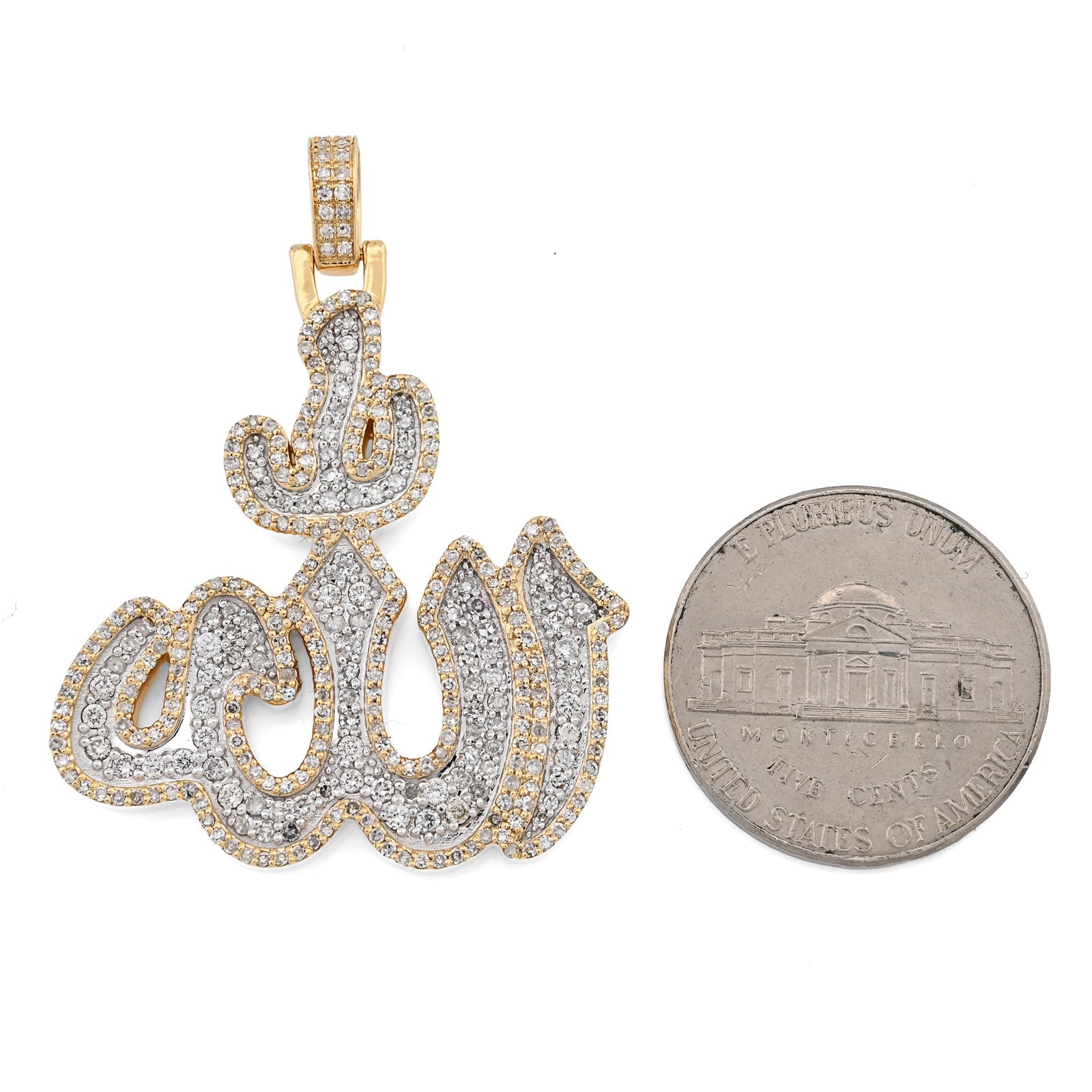 10K Yellow Gold 1.25 CT Natural Diamond Allah Religious Pendant Men Women Charm 1.75"