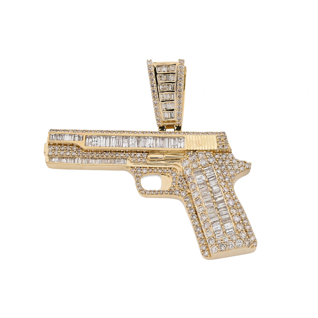 10K Yellow Gold 4.50 CT Natural Diamond Round/Baguette Gun Pendant Men's Charm 12.3 g