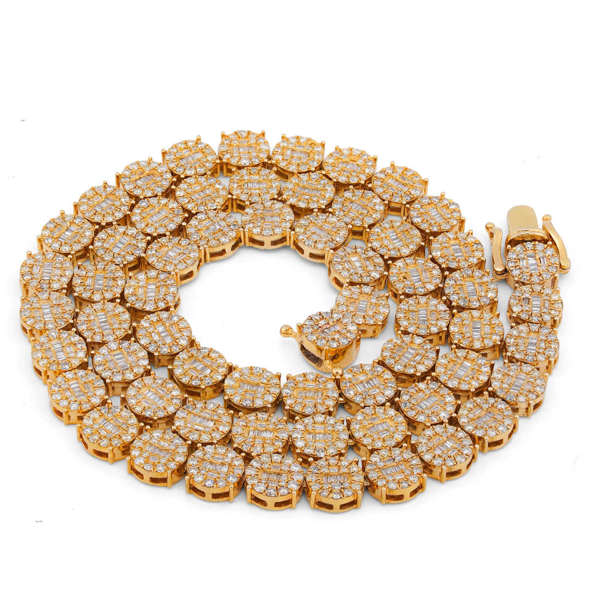 10K Yellow Gold 20CT Natural Round/Baguette Diamond 8MM Flower Cluster Tennis Chain