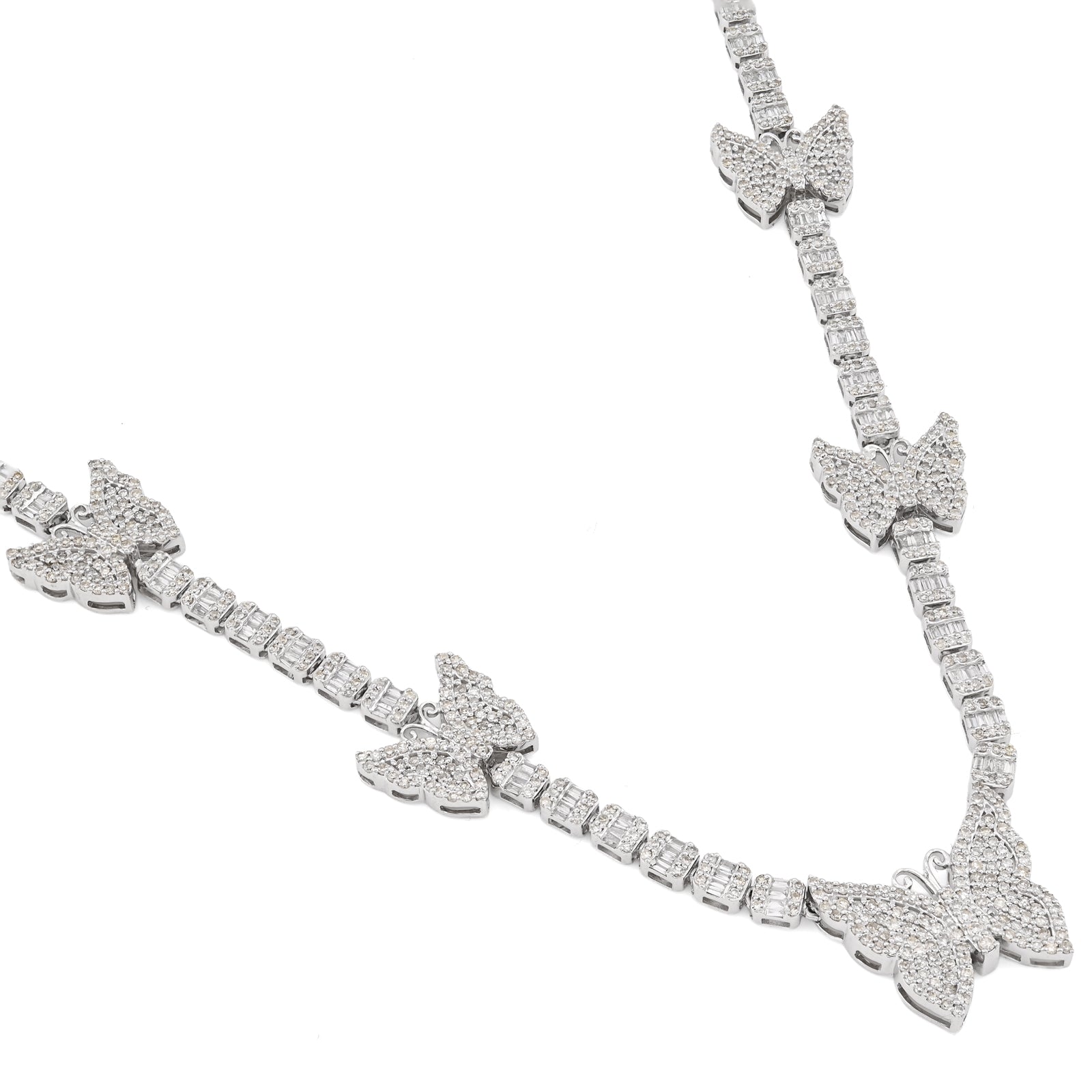 10K White Gold 5.48 CT Round & baguette Natural Diamond Butterfly Tennis Chain 18" Women Necklace 26.5 g