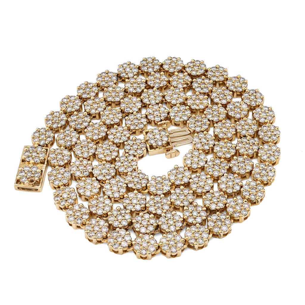10K Yellow Gold 16 CT Natural Diamond Flower Setting Tennis Chain 22" Men's Necklace