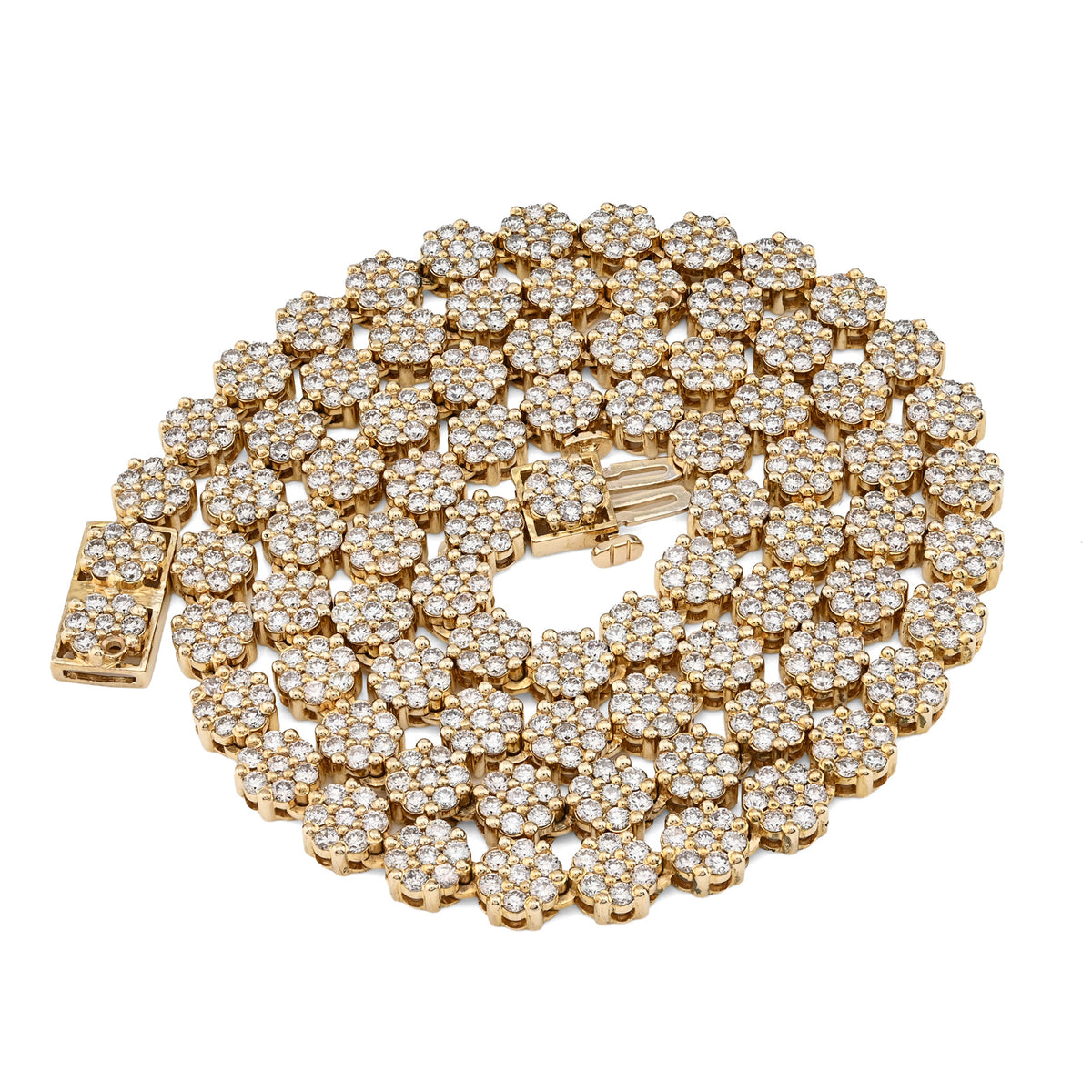 10K Yellow Gold 16 CT Natural Diamond Flower Setting Tennis Chain 22" Men's Necklace